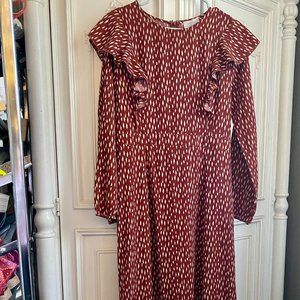 bohme rust orange maxi dress w/shoulder ruffles & white dots, womens size medium
